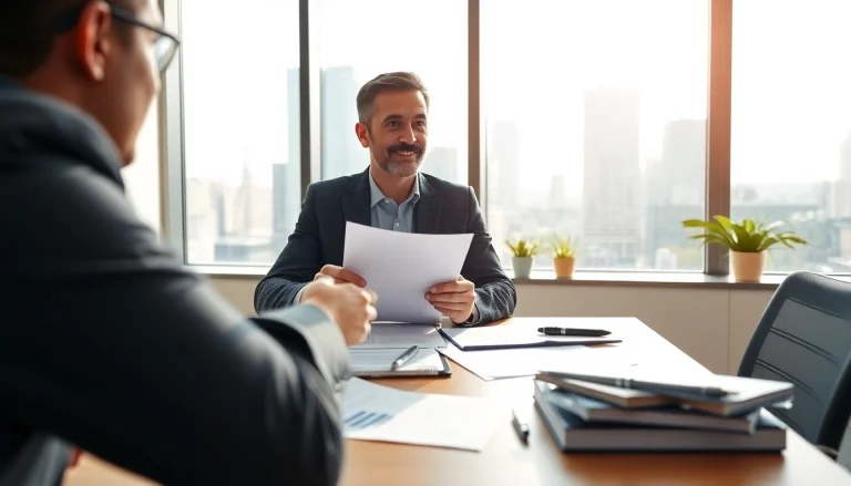 Engaging intellectual property lawyer advising a client in a modern office environment.