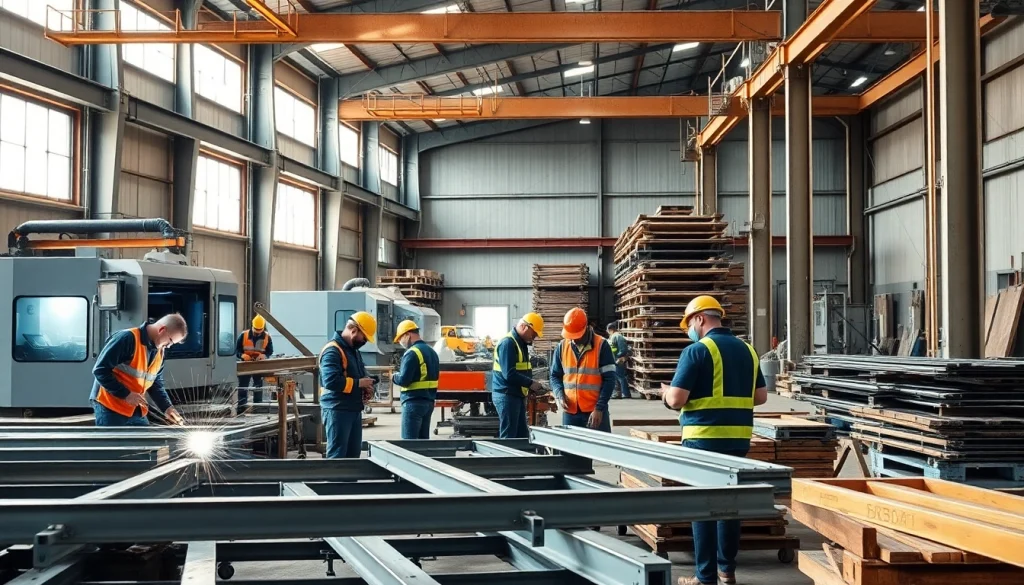 Workers collaborating in a steel fabrication shop crafting custom metal structures.