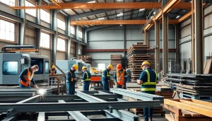 Workers collaborating in a steel fabrication shop crafting custom metal structures.