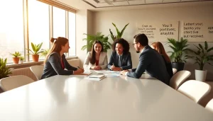 Engaged professionals in a meeting, exemplifying effective business coaching service collaboration.