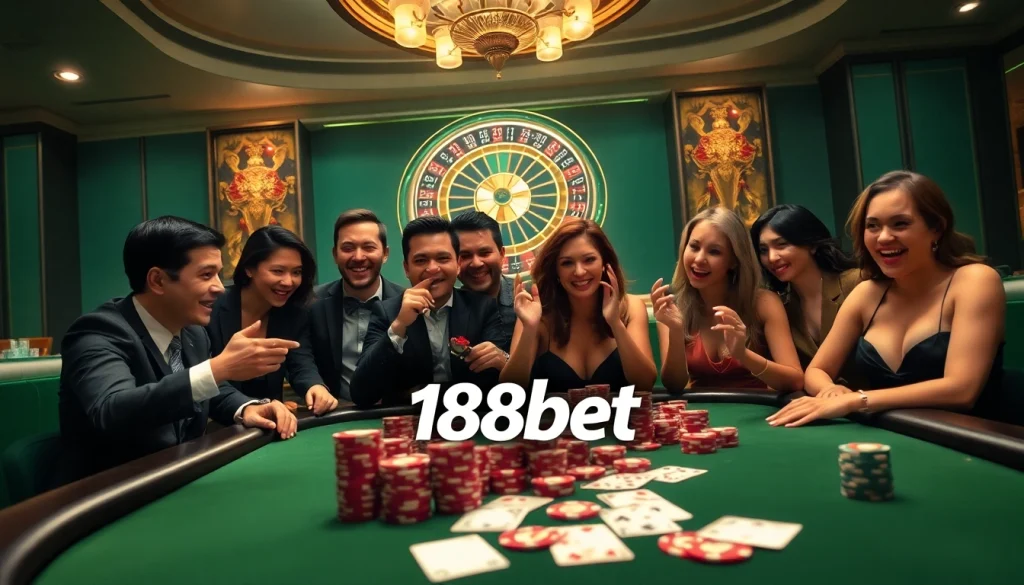 188bet players engaging at a luxury poker table in an elegant casino atmosphere.