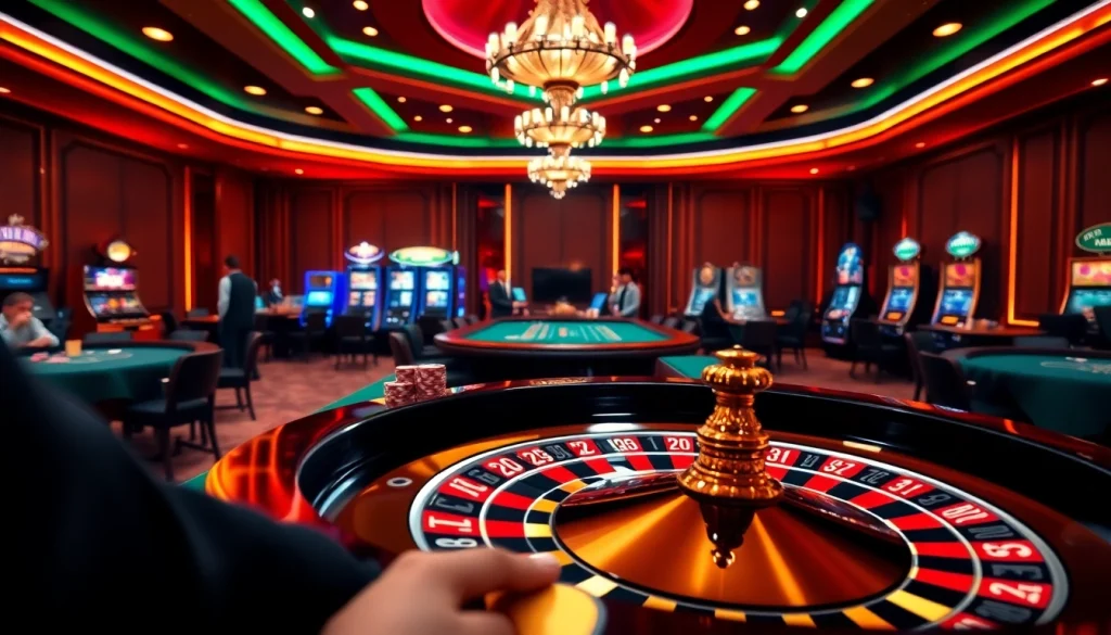 RR88 casino scene with roulette, poker table, and slot machines highlighting the excitement of online gambling.