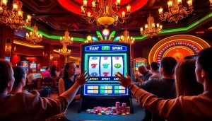 Players enjoying their spins on an exciting Slot machine amidst a colorful casino environment.
