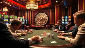 Experience the thrill of 123b with an elegant casino scene featuring dedicated players at a poker table.