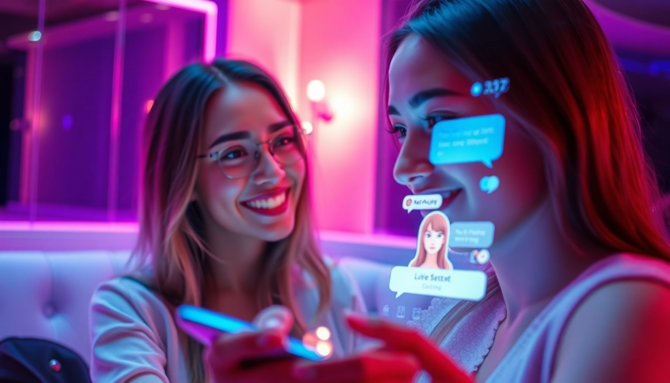 Engaging AI sexting interaction in a modern chat room with vibrant colors and intimate atmosphere.