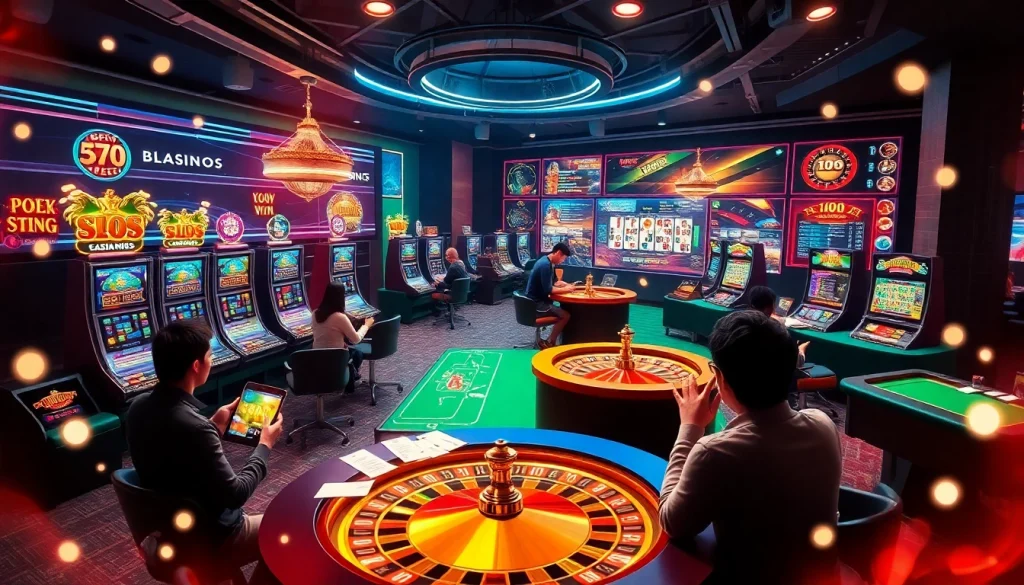 Players engaged in online gambling at nhà cái bl555, featuring vibrant slot machines and poker tables in a sleek virtual casino.