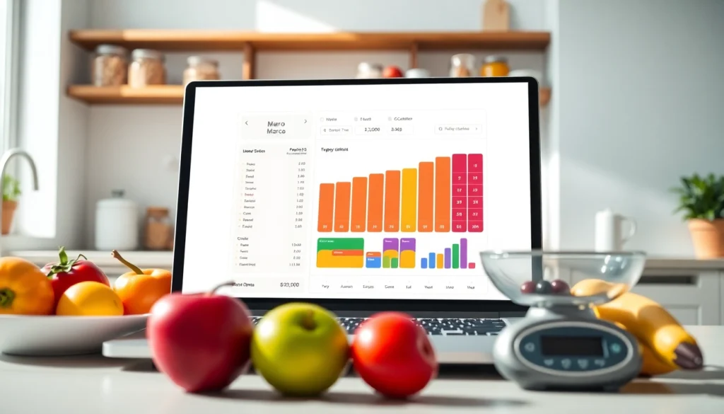 Calculate your macronutrients with an interactive macro calculator on a modern kitchen laptop.