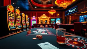 Experience a thrilling moment at F8BET with a luxurious casino table and vibrant slot machines.