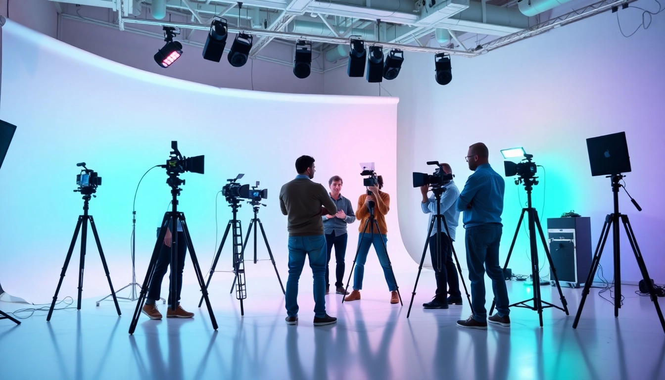 Creative Video Production Agency team engaged in collaboration with high-tech equipment and vibrant studio environment.