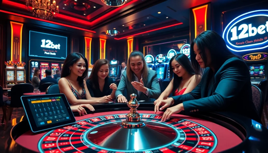 Players enjoying an exhilarating game at a 12bet casino, featuring roulette and vibrant slot machines.