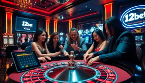 Players enjoying an exhilarating game at a 12bet casino, featuring roulette and vibrant slot machines.