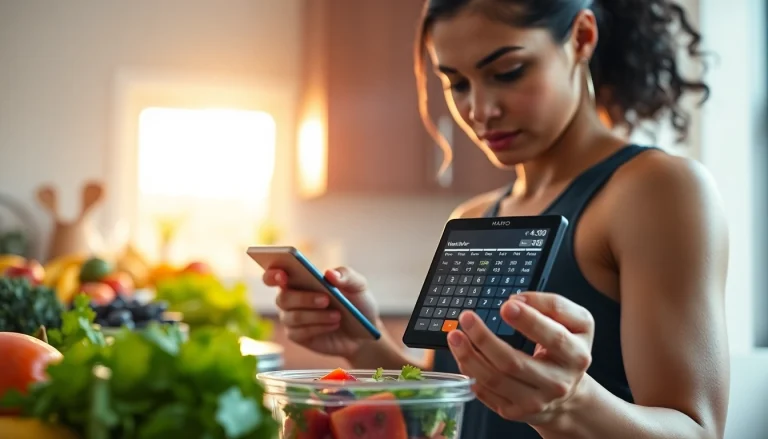 Calculate your daily macronutrient needs with the sleek macro calculator in a bright kitchen.