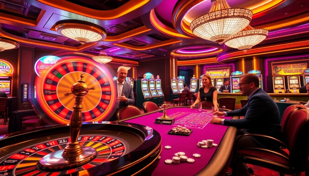 A vibrant casino scene with players enjoying poker and roulette, showcasing the excitement of 79king 6 gaming.