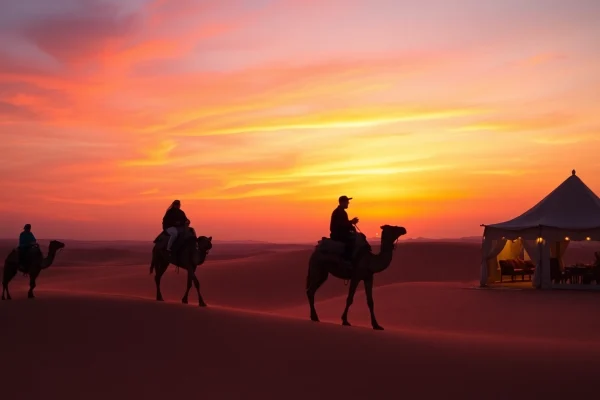 Agafay desert camel ride and dinner with a show at sunset, showcasing travelers enjoying a serene experience.