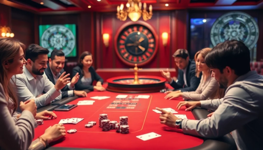 Players at a high-stakes poker table experiencing excitement with เจ้ามือรับแทง F168 in a luxurious casino setting.