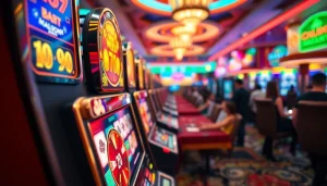 Menampilkan permainan mahjong slot yang menarik dengan warna-warna cerah dan suasana kasino yang menegangkan.