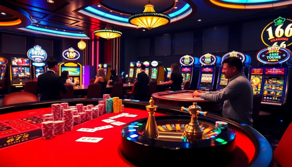 Players enjoying the excitement of casino games at 'new 66', featuring poker chips and a roulette wheel.