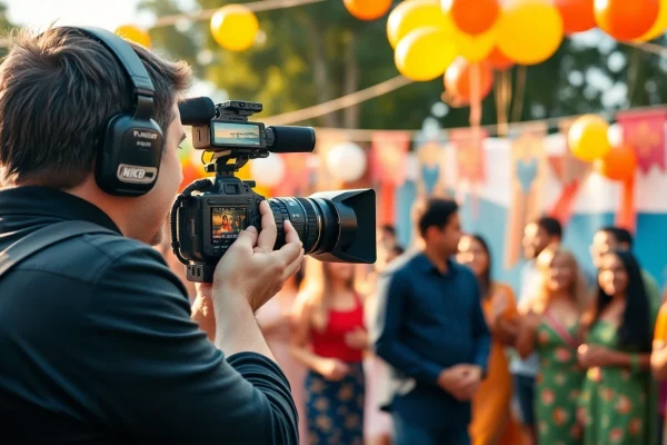 Videographer capturing a lively celebration with a colorful backdrop and natural lighting.