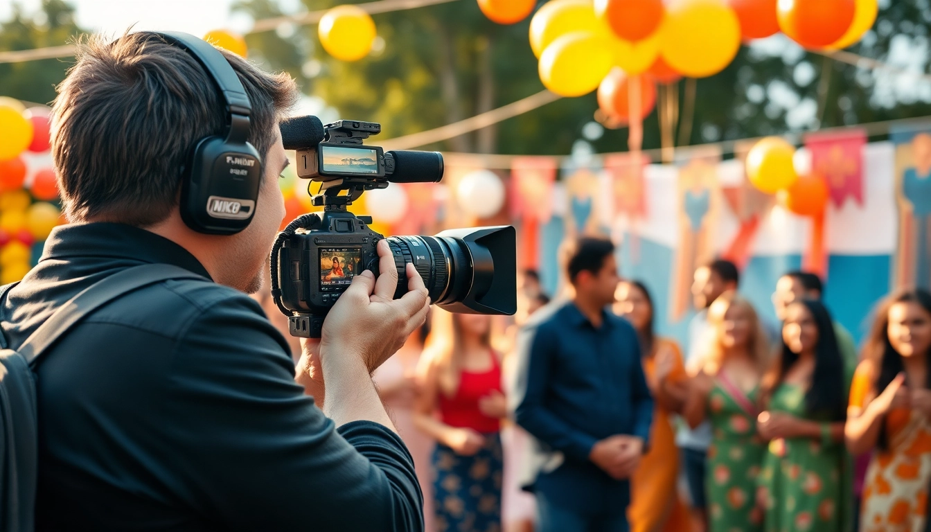 Videographer capturing a lively celebration with a colorful backdrop and natural lighting.