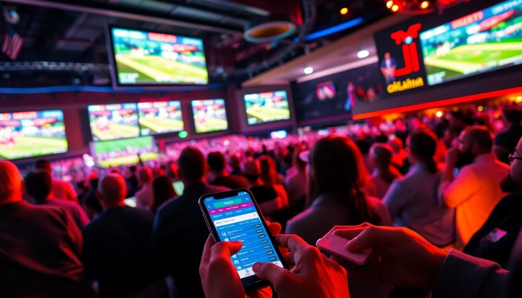 Engaged fans participating in Oklahoma sports betting with vibrant stadium views.