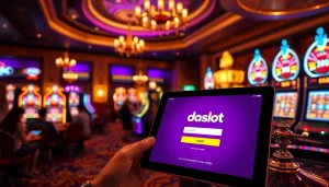 Experience the excitement of doaslot login in a vibrant casino atmosphere with slot machines and poker chips.