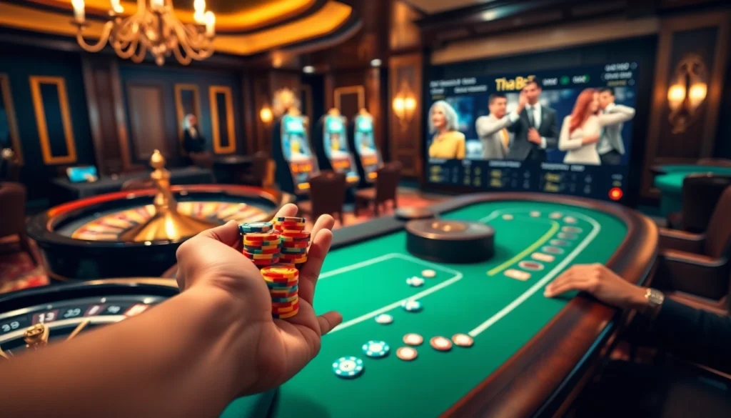 Engaging casino scene highlighting Tha Bet with vibrant roulette wheel and poker hands.