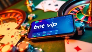 Thu hút người chơi bằng ứng dụng bet vip trong một không gian casino sang trọng có chip poker và thẻ bài.
