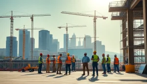 Austin construction team collaborating on a busy building site with cranes in the background.