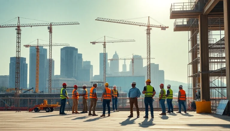 Austin construction team collaborating on a busy building site with cranes in the background.