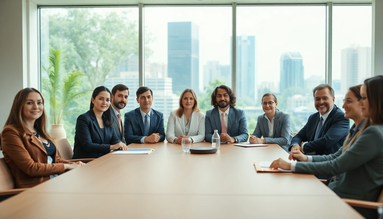 Environmental law firm team collaborating in a modern office setting emphasizing teamwork.