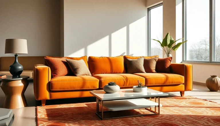 Alt tekst van skai leer op een moderne bank in een stijlvolle woonkamer.