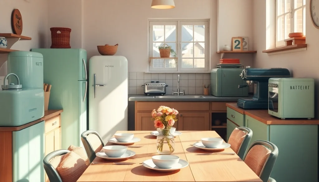 Showcasing retro appliances in a modern kitchen setting with nostalgic elements.