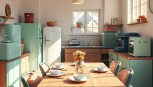 Showcasing retro appliances in a modern kitchen setting with nostalgic elements.