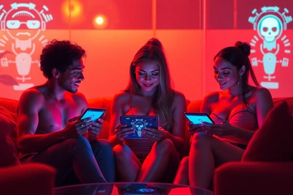 Engaging scene showcasing users interacting with the best nsfw ai chatbots in a modern lounge.