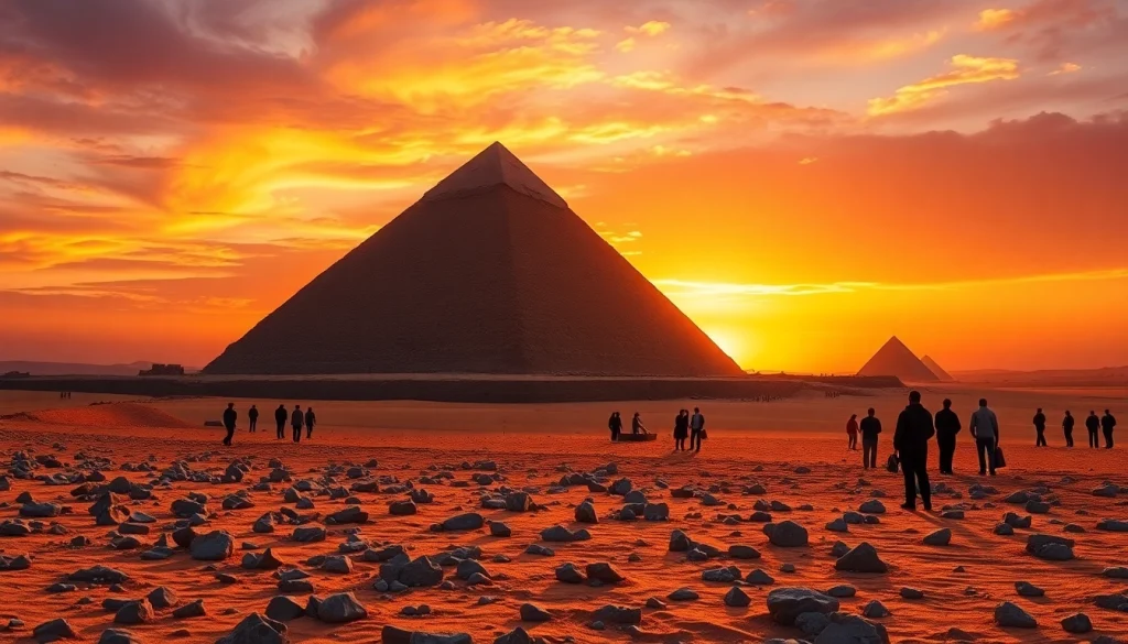 Experience breathtaking view of the pyramids, showcasing their ancient grandeur against a sunset backdrop.