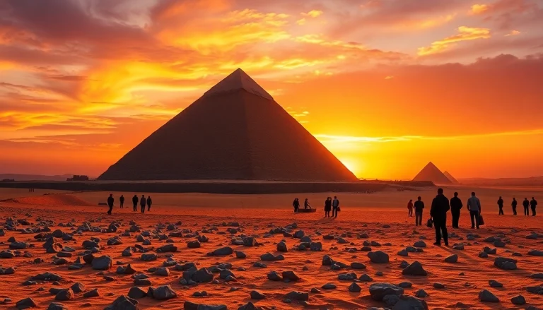 Experience breathtaking view of the pyramids, showcasing their ancient grandeur against a sunset backdrop.