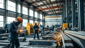 Workers at a steel fabrication shop demonstrate precision in welding processes.