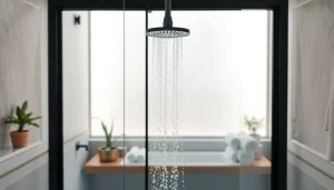 Stylish black shower door black frame in a luxurious bathroom setting, showcasing modern elegance.