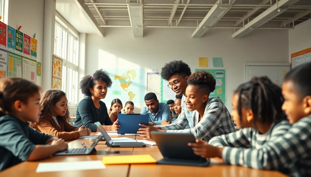Education-focused classroom scene with diverse students collaborating and learning.
