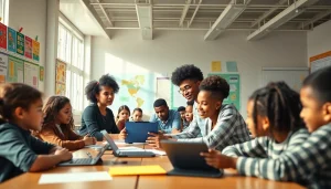 Education-focused classroom scene with diverse students collaborating and learning.