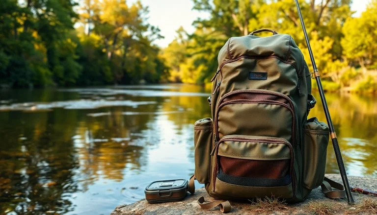 Man preparing fly fishing backpack with tackle gear near a tranquil river.