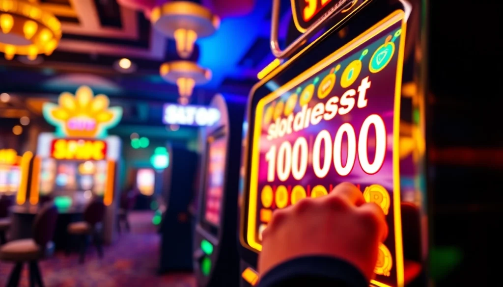Menangkan jackpot dengan slot deposit 1000 pada mesin slot berwarna cerah dengan koin berjatuhan.