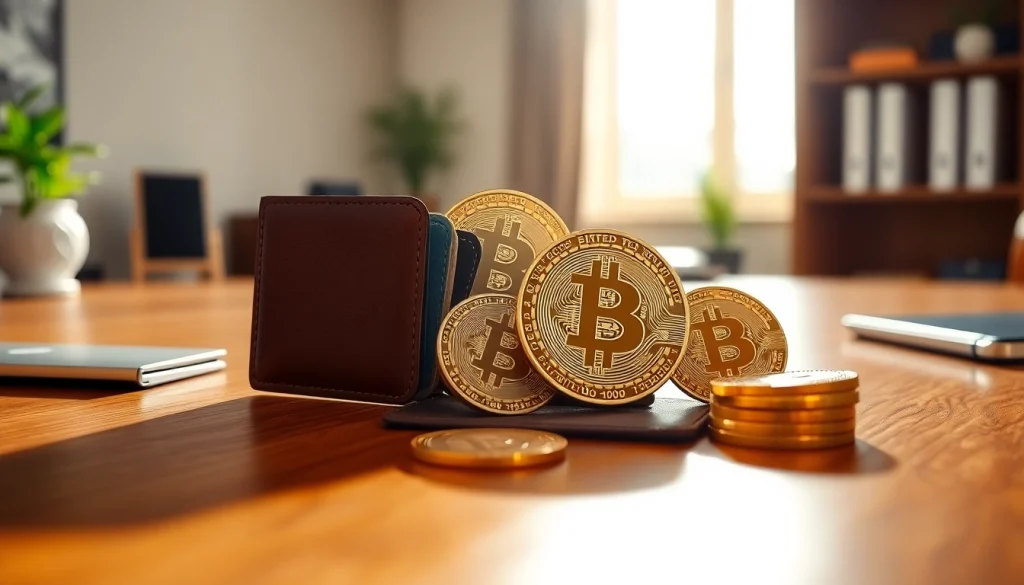 Acheter bitcoin avec des pièces de Bitcoin sur un bureau moderne et élégant.