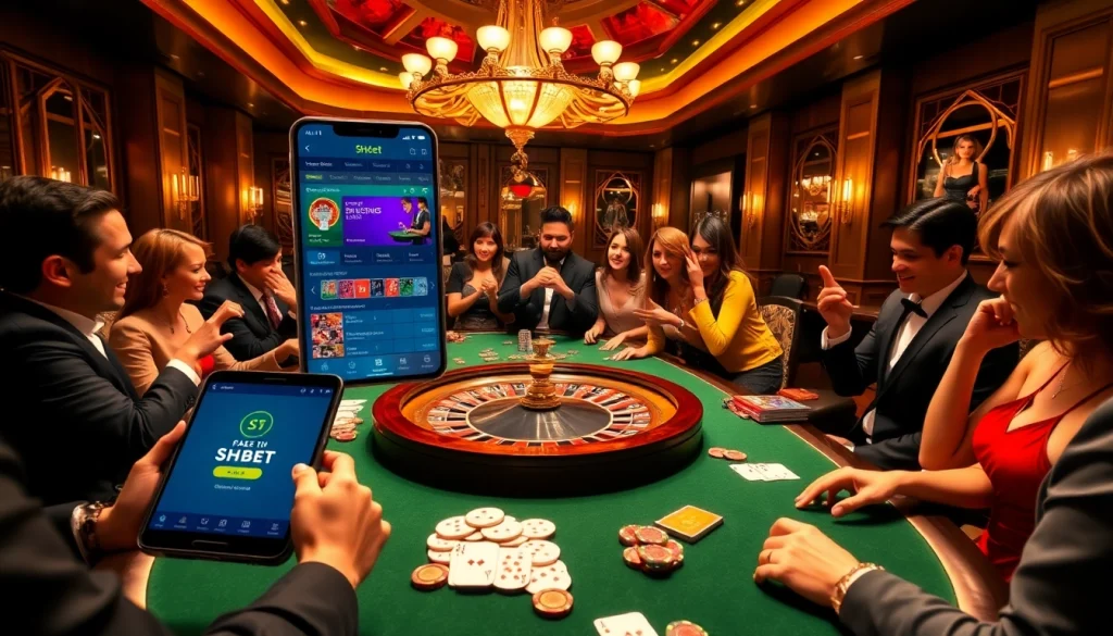 Exciting casino atmosphere showcasing players at a SHBET gaming table with poker chips and cards.