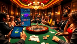 Exciting casino atmosphere showcasing players at a SHBET gaming table with poker chips and cards.