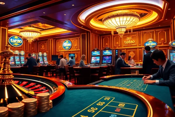Players enjoying thrilling games at a casino depicting raja toto88 excitement and high-stakes action.
