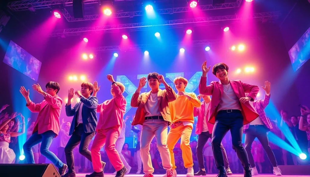 Catch the latest bts news with BTS performing on stage in vibrant lights and a cheering crowd.