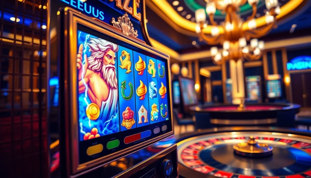 Spin the zeus slot machine featuring Greek mythology symbols in a luxurious casino setting.