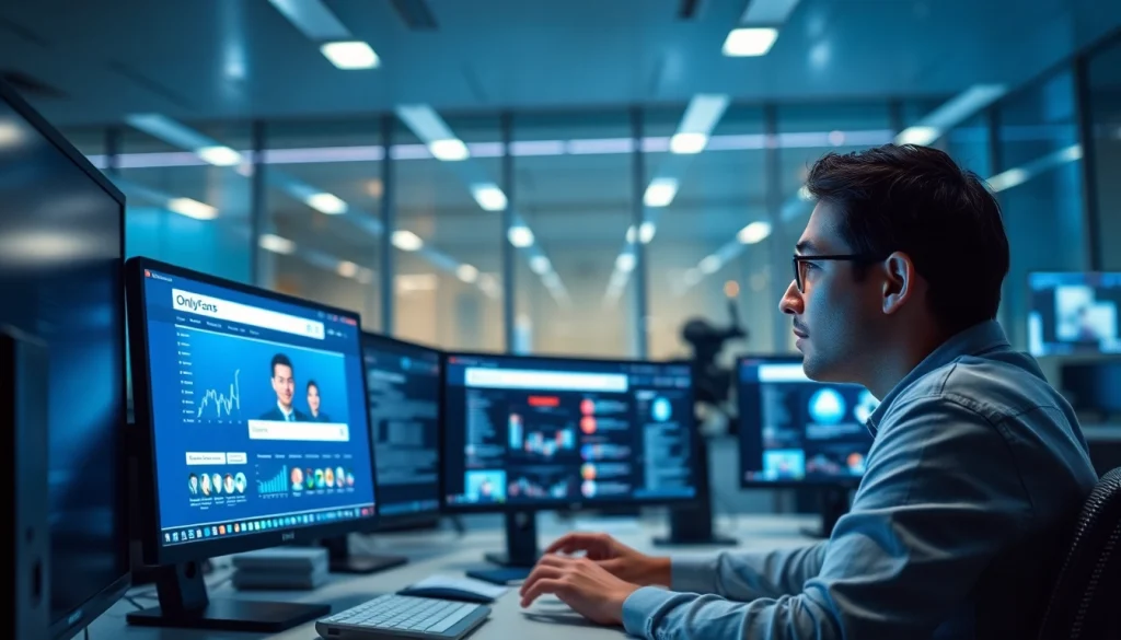 Searching OnlyFans without username on a digital interface in a modern workspace.