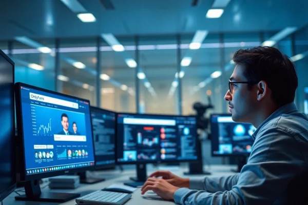 Searching OnlyFans without username on a digital interface in a modern workspace.